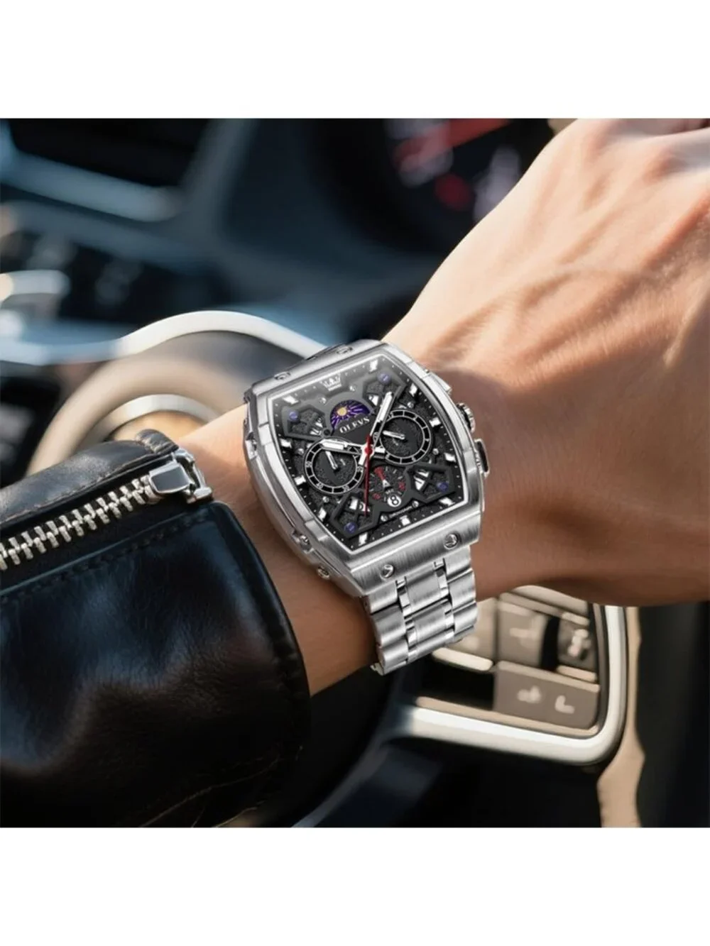 Men's Silver Black Chronograph Big Square Analog Stainless Steel Date Watch